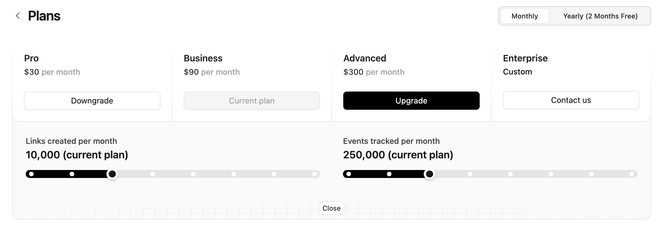 'Manage plan' section on Dub